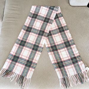 LOFT Outlet Plaid Cream Green Red Pink Fringe Hem Winter Scarf